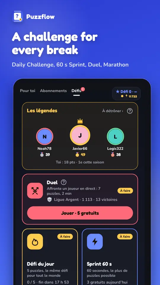 The Challenges tab: Daily Challenge, 60-second Sprint and duel
