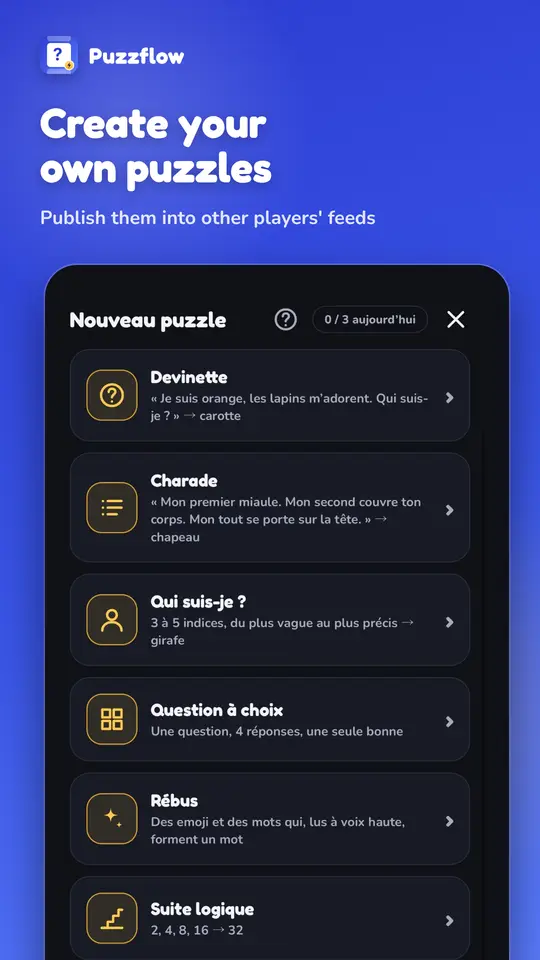 Creating a puzzle: riddle, charade, multiple choice, rebus, logic sequence