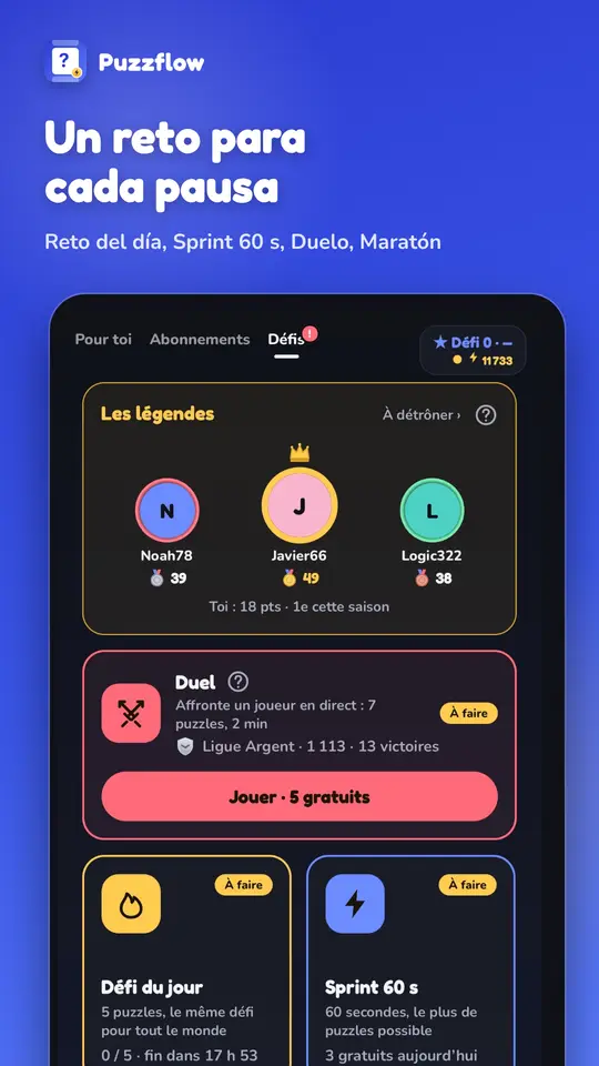 La pestaña de retos: Reto del día, Sprint de 60 segundos y duelo