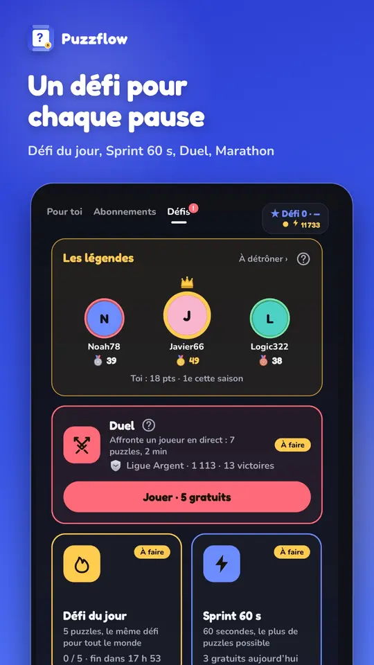 L'onglet Défis : Défi du jour, Sprint de 60 secondes et duel
