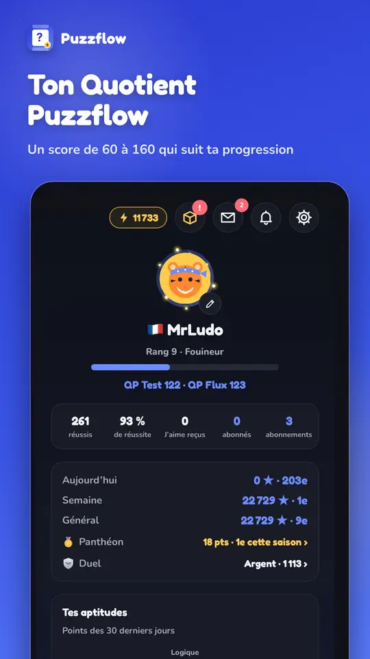 Le profil d'un joueur avec son Quotient Puzzflow et ses statistiques